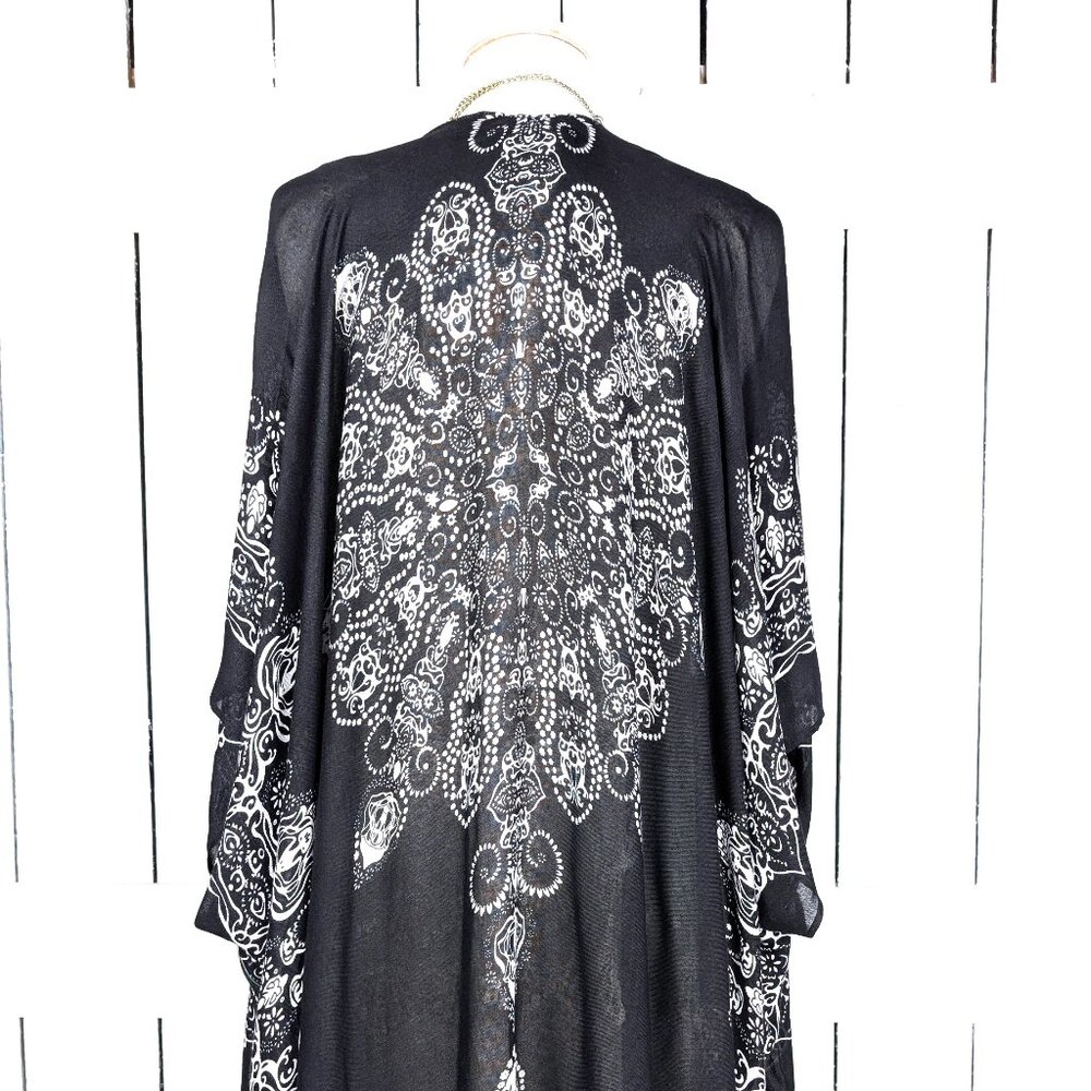 Black mandala paisley bohemian print kimono coverup